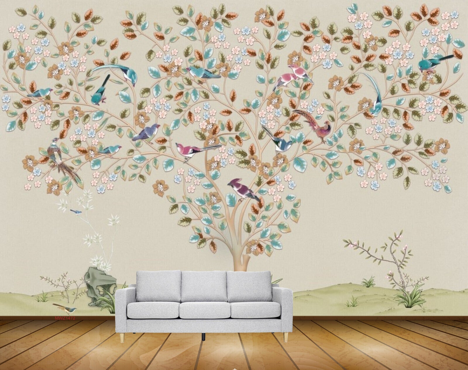 Avikalp MWZ1472 Blue White Flowers Tree Leaves Birds HD Wallpaper Avikalp MWZ1472 Blue White Flowers Tree Leaves Birds HD Wallpaper