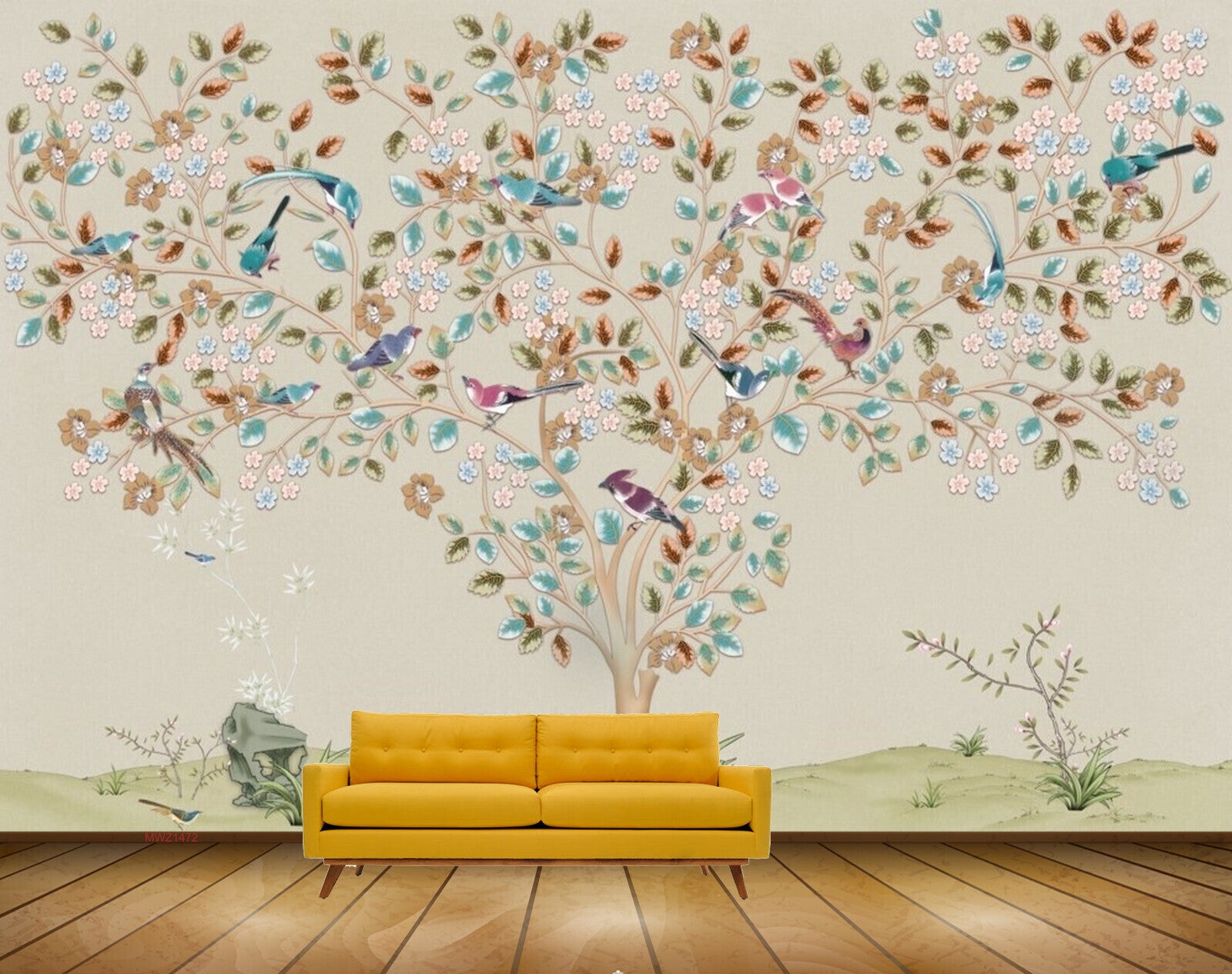 Avikalp MWZ1472 Blue White Flowers Tree Leaves Birds 3D HD Wallpaper Avikalp MWZ1472 Blue White Flowers Tree Leaves Birds 3D HD Wallpaper