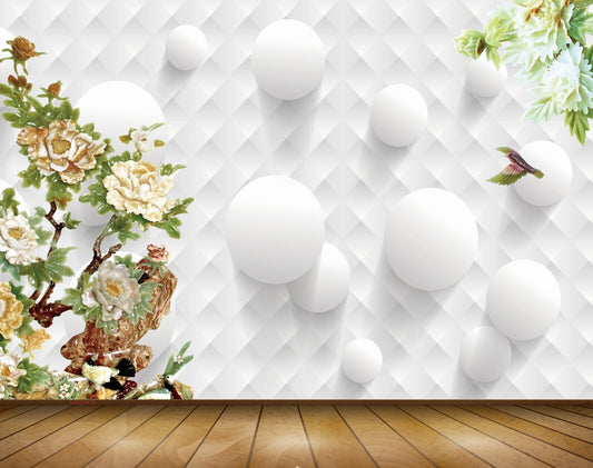 Avikalp MWZ1474 White Orange Flowers Birds 3D HD Wallpaper