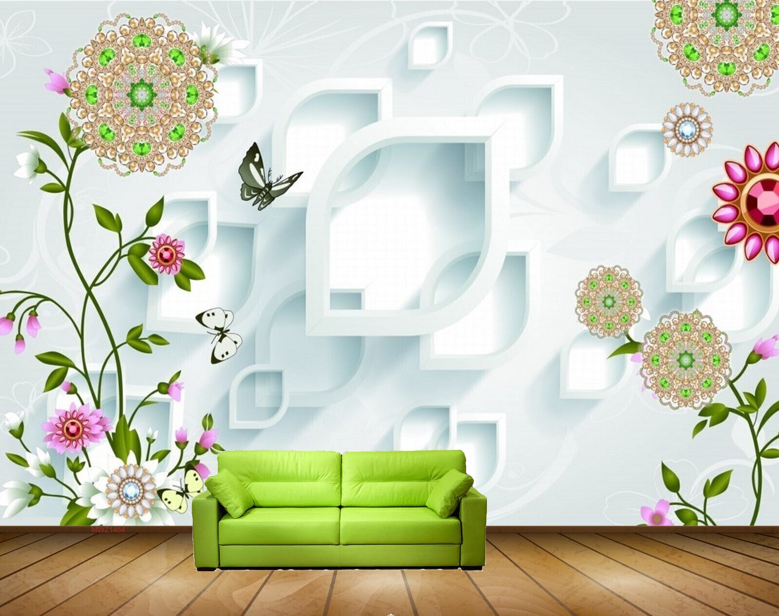 Avikalp MWZ1484 Pink White Green Flowers Butterflies HD Wallpaper Avikalp MWZ1484 Pink White Green Flowers Butterflies HD Wallpaper