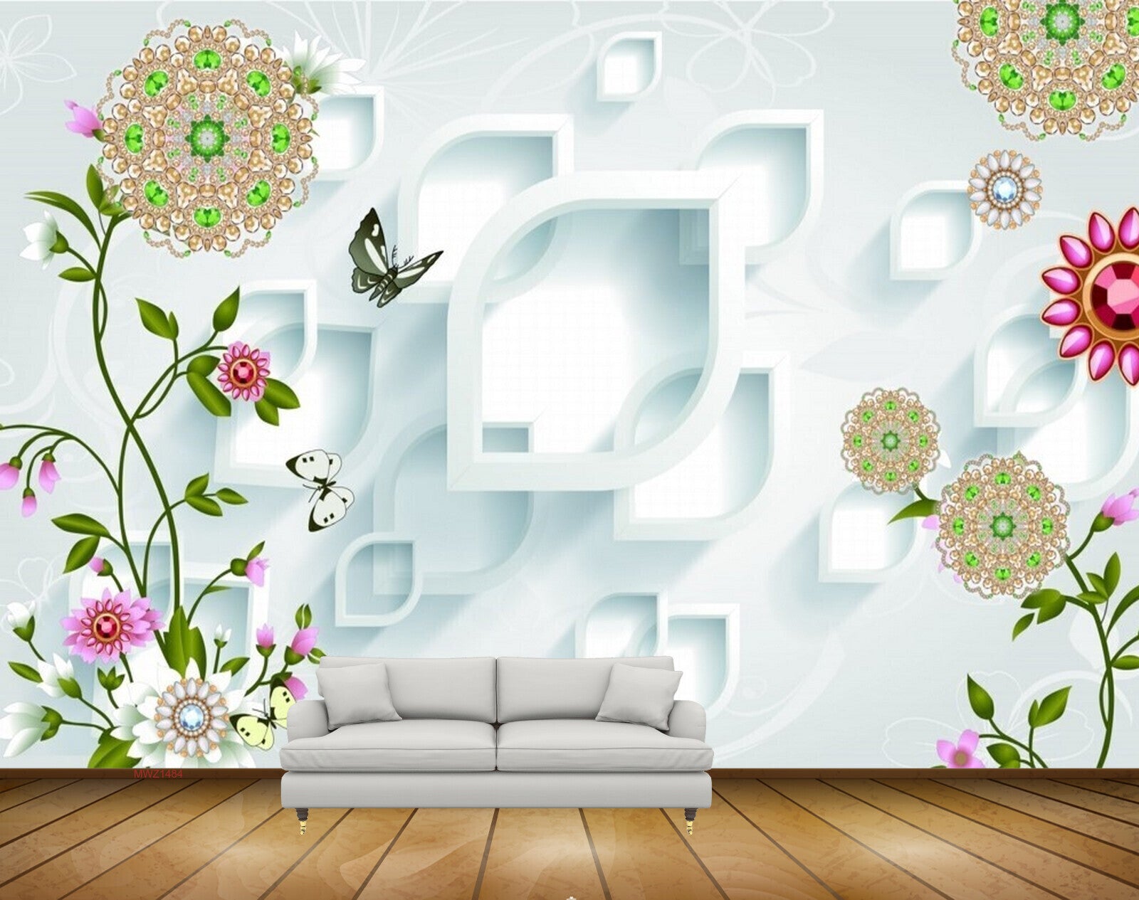 Avikalp MWZ1484 Pink White Green Flowers Butterflies 3D HD Wallpaper Avikalp MWZ1484 Pink White Green Flowers Butterflies 3D HD Wallpaper