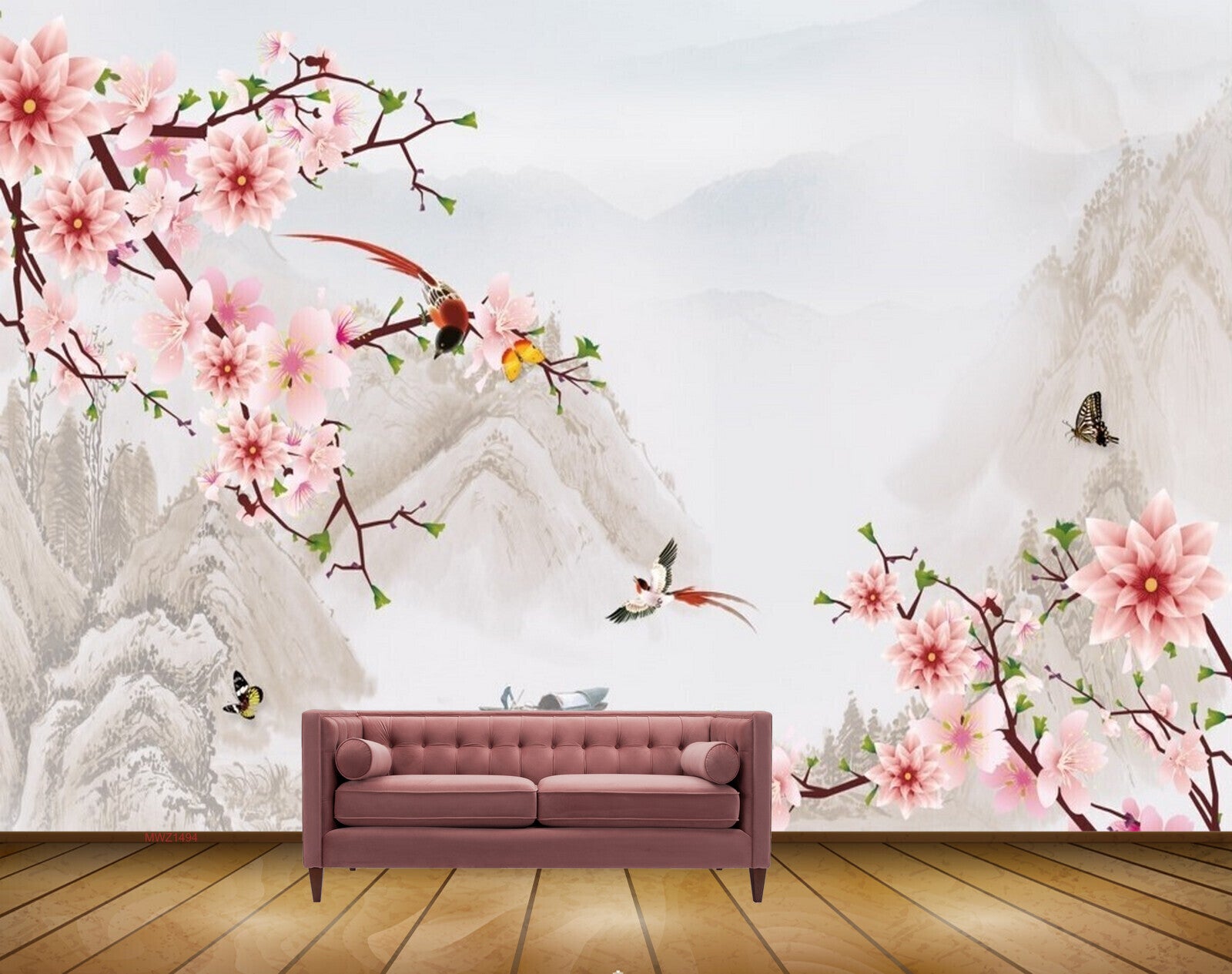 Avikalp MWZ1494 Pink White Flowers Birds Butterflies HD Wallpaper Avikalp MWZ1494 Pink White Flowers Birds Butterflies HD Wallpaper