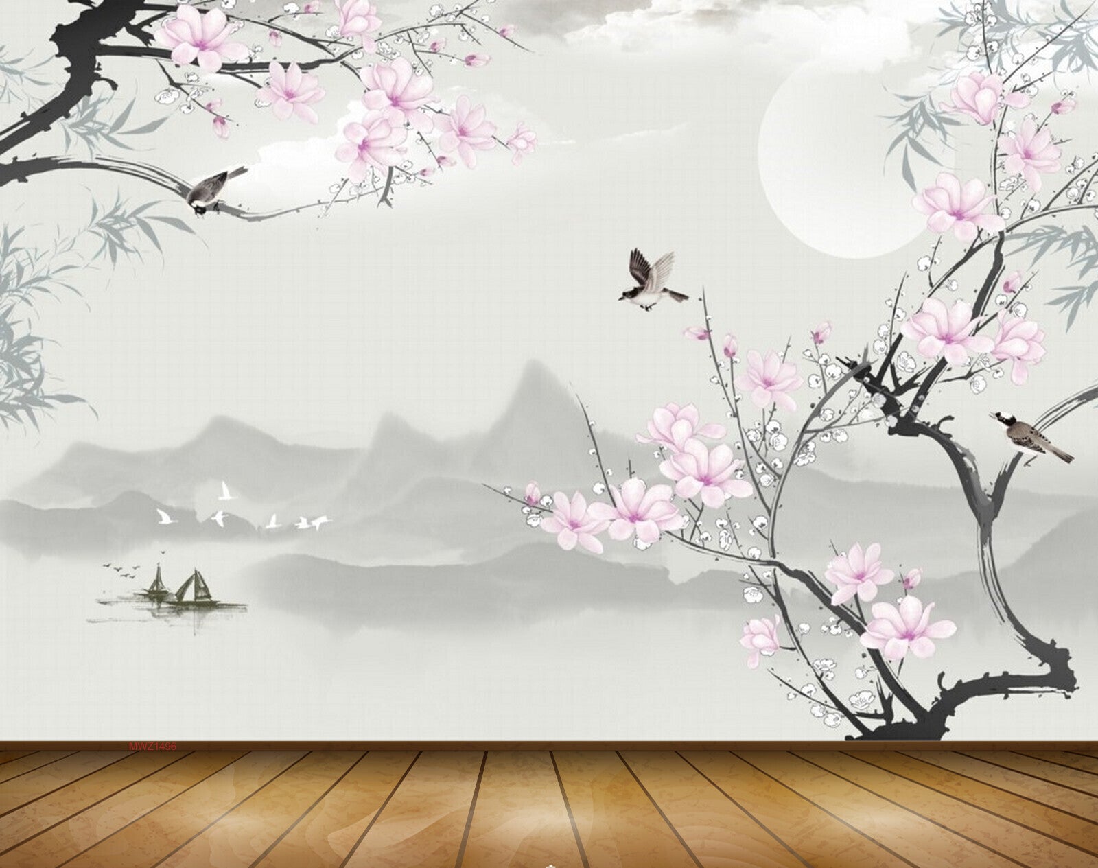 Avikalp MWZ1496 Pink White Flowers Boats Birds 3D HD Wallpaper Avikalp MWZ1496 Pink White Flowers Boats Birds 3D HD Wallpaper