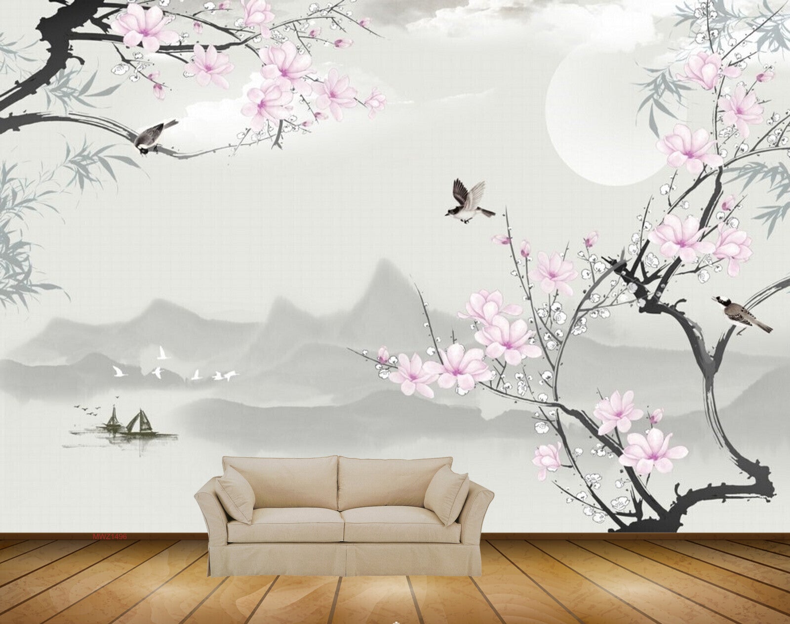 Avikalp MWZ1496 Pink White Flowers Boats Birds 3D HD Wallpaper Avikalp MWZ1496 Pink White Flowers Boats Birds 3D HD Wallpaper