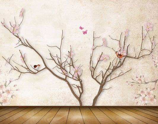 Avikalp MWZ1534 Pink White Flowers Tree Birds Butterflies 3D HD Wallpaper