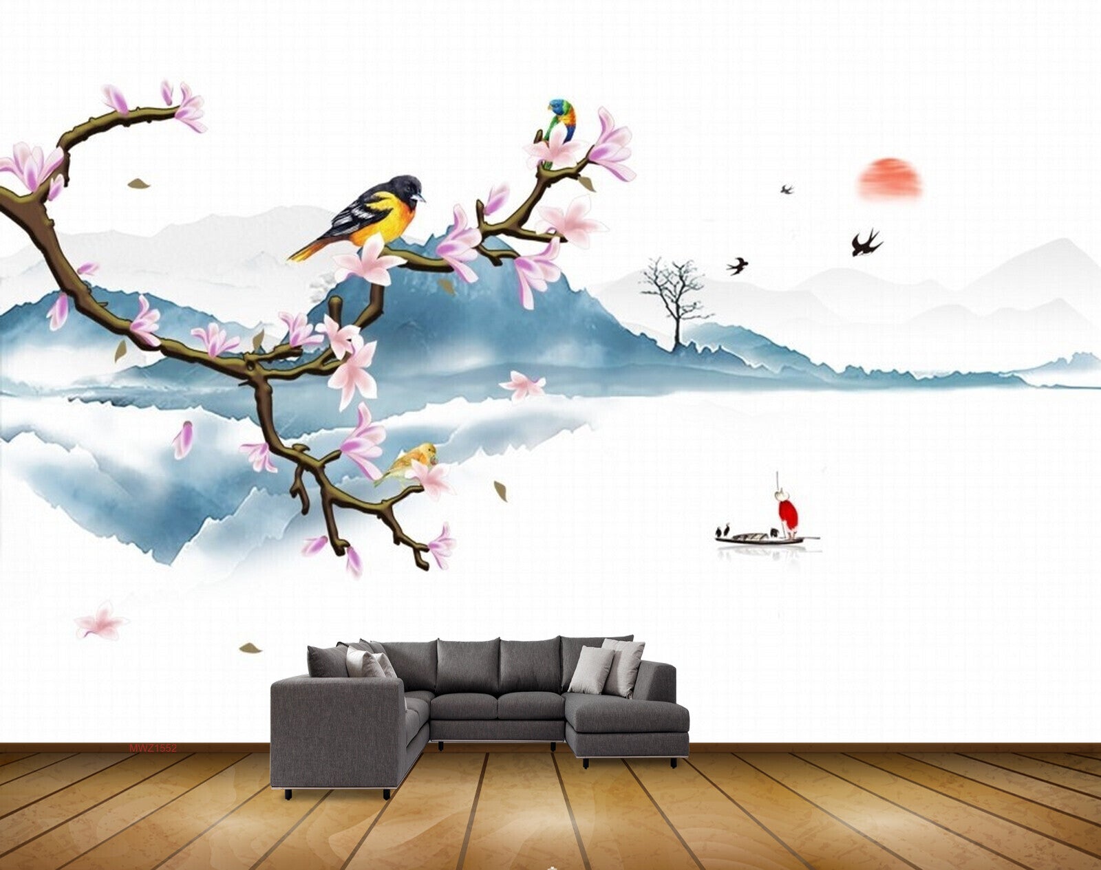 Avikalp MWZ1552 Pink White Flowers Branches Birds Boat 3D HD Wallpaper Avikalp MWZ1552 Pink White Flowers Branches Birds Boat 3D HD Wallpaper
