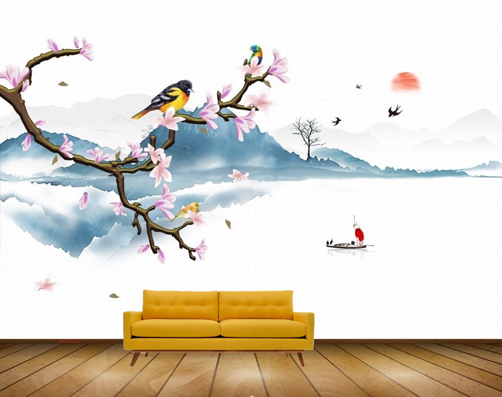 Avikalp MWZ1552 Pink White Flowers Branches Birds Boat 3D HD Wallpaper Avikalp MWZ1552 Pink White Flowers Branches Birds Boat 3D HD Wallpaper
