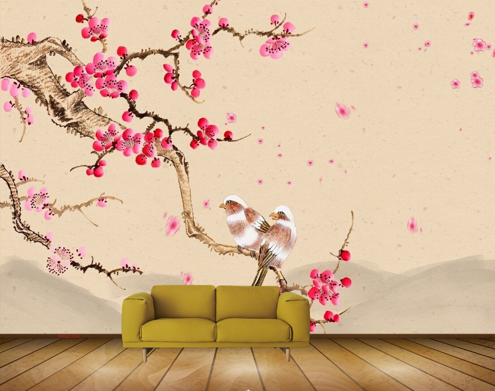 Avikalp MWZ1553 Pink White Flowers Branches Birds 3D HD Wallpaper Avikalp MWZ1553 Pink White Flowers Branches Birds 3D HD Wallpaper