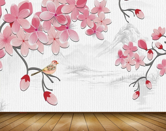 Avikalp MWZ1572 Pink White Flowers Bird 3D HD Wallpaper