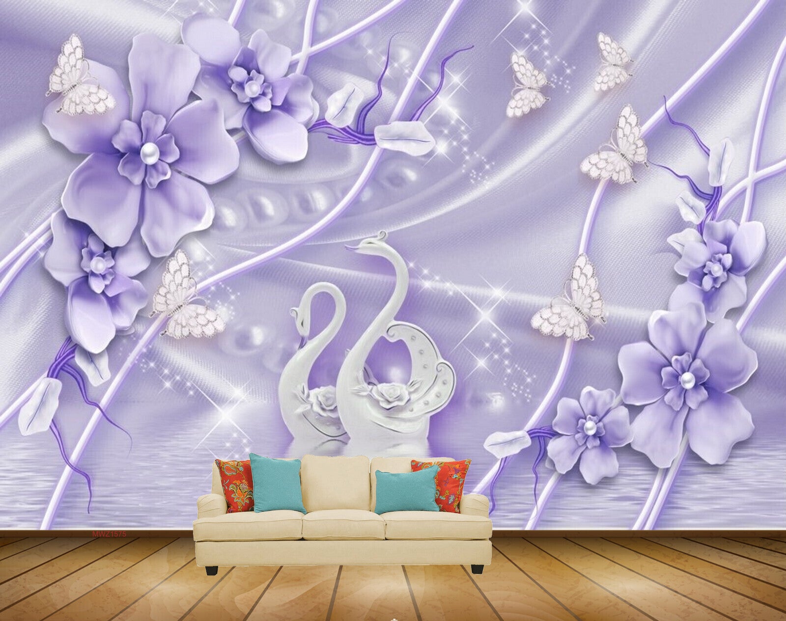Avikalp MWZ1575 Purple Flowers Swans Butterflies 3D HD Wallpaper Avikalp MWZ1575 Purple Flowers Swans Butterflies 3D HD Wallpaper