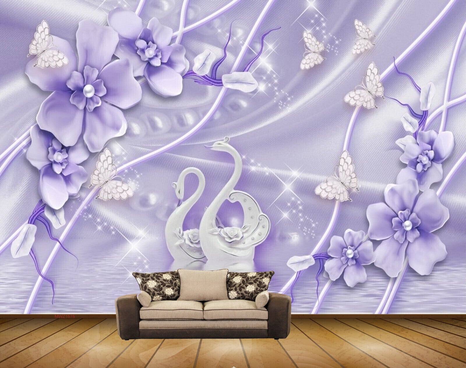 Avikalp MWZ1575 Purple Flowers Swans Butterflies 3D HD Wallpaper Avikalp MWZ1575 Purple Flowers Swans Butterflies 3D HD Wallpaper