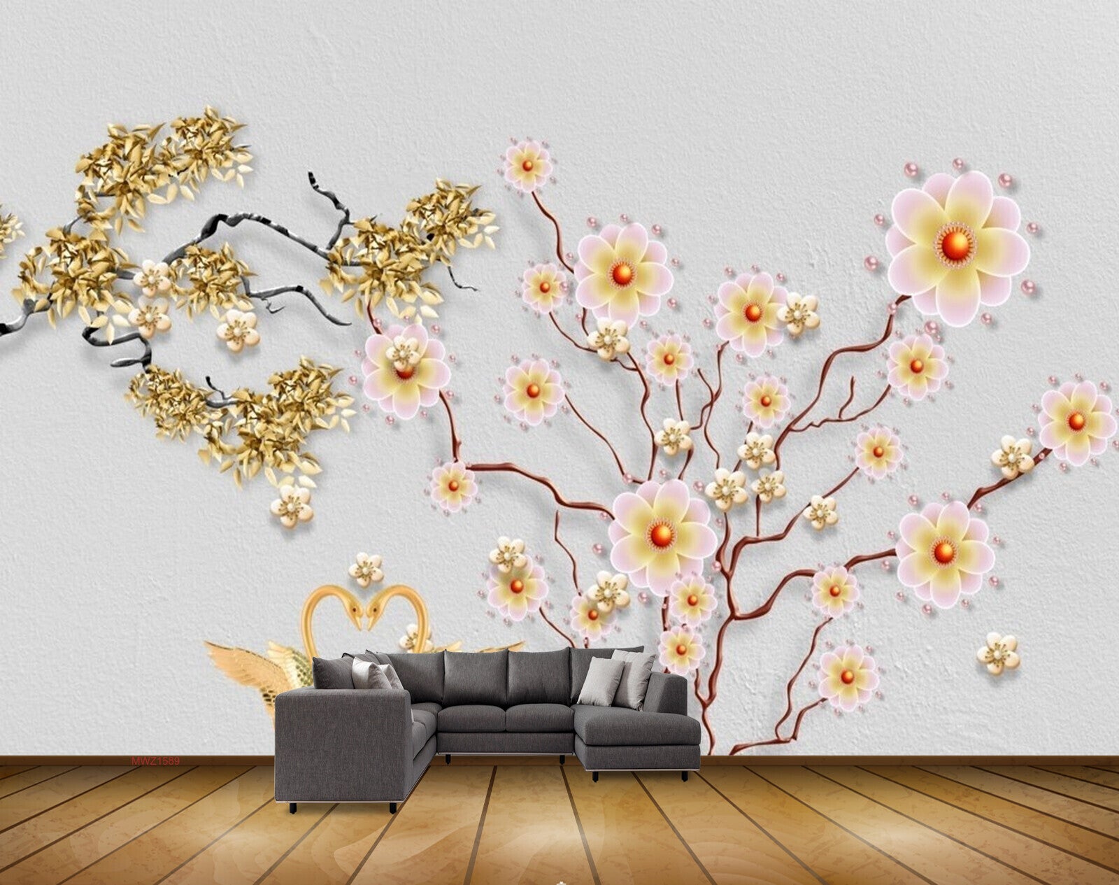 Avikalp MWZ1589 White Golden Flowers Cranes 3D HD Wallpaper Avikalp MWZ1589 White Golden Flowers Cranes 3D HD Wallpaper