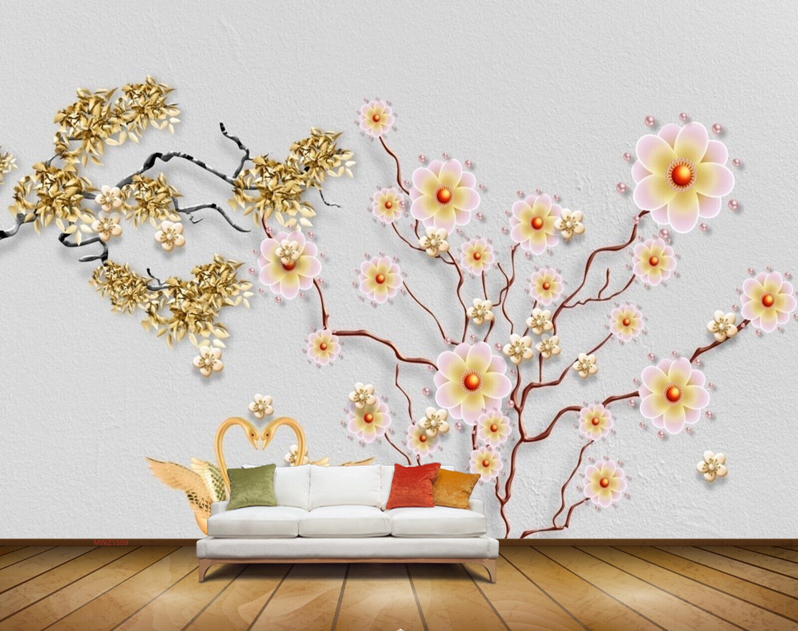 Avikalp MWZ1589 White Golden Flowers Cranes 3D HD Wallpaper Avikalp MWZ1589 White Golden Flowers Cranes 3D HD Wallpaper