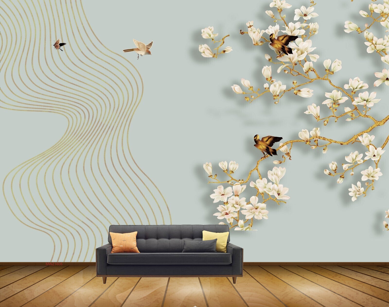 Avikalp MWZ1605 White Golden Flowers Birds 3D HD Wallpaper Avikalp MWZ1605 White Golden Flowers Birds 3D HD Wallpaper