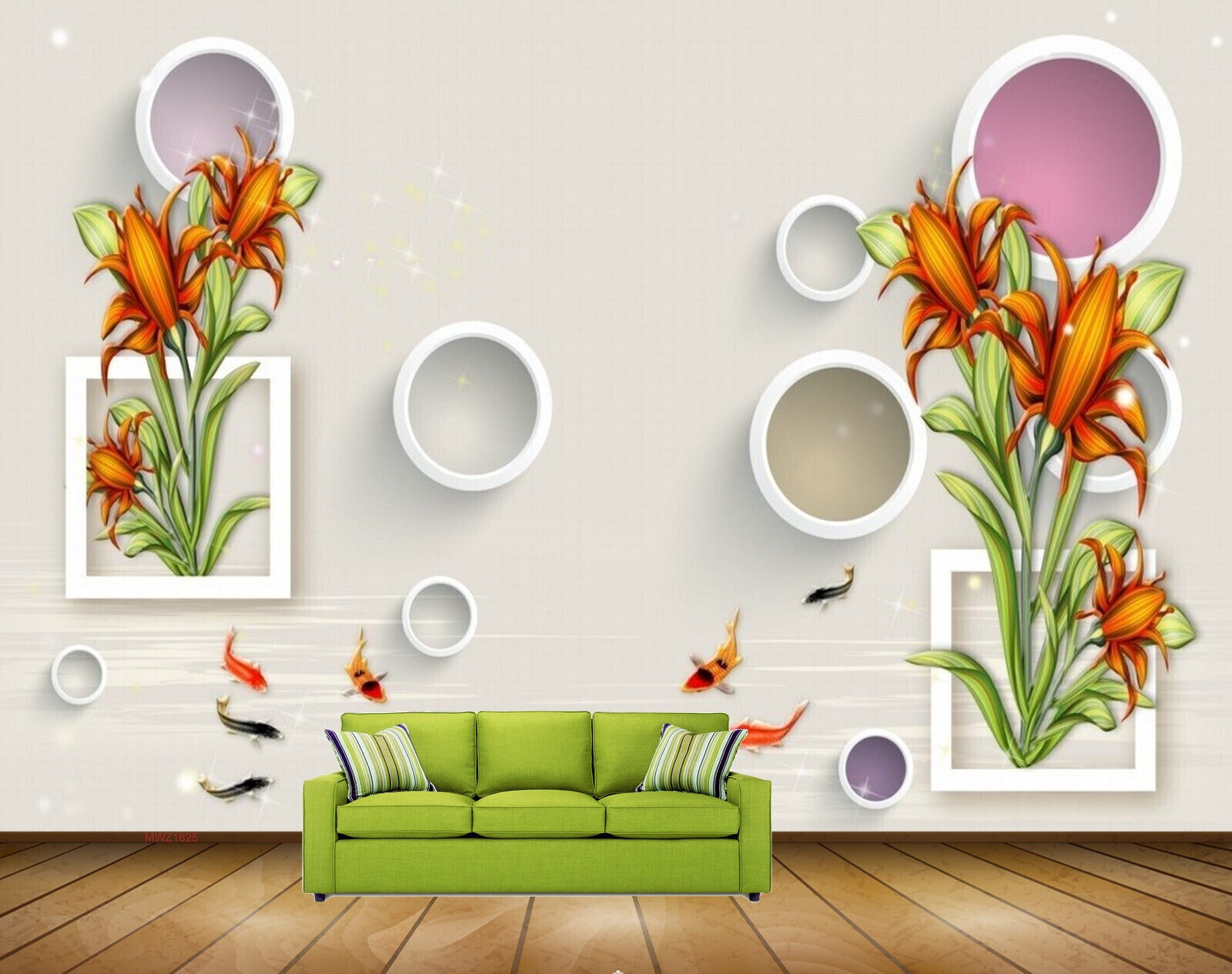 Avikalp MWZ1625 Orange Flowers Fishes Leaves 3D HD Wallpaper Avikalp MWZ1625 Orange Flowers Fishes Leaves 3D HD Wallpaper