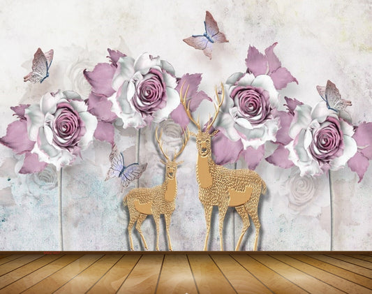 Avikalp MWZ1657 Pink White Flowers Deers Butterflies 3D HD Wallpaper
