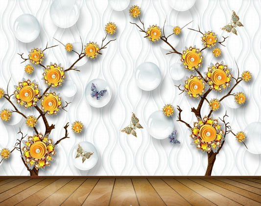 Avikalp MWZ1717 Yellow Flowers Butterflies 3D HD Wallpaper