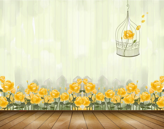 Avikalp MWZ1744 Orange Yellow Flowers Cage Bird 3D HD Wallpaper