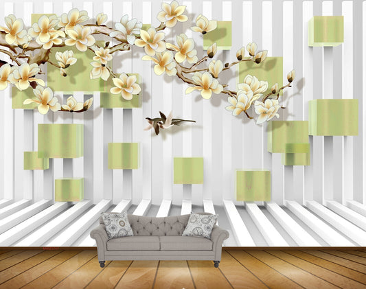 Avikalp MWZ1747 White Yellow Flowers Birds HD Wallpaper