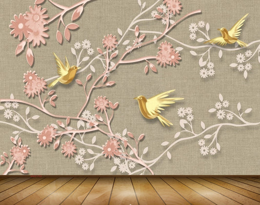 Avikalp MWZ1793 Peach Flowers Birds 3D HD Wallpaper