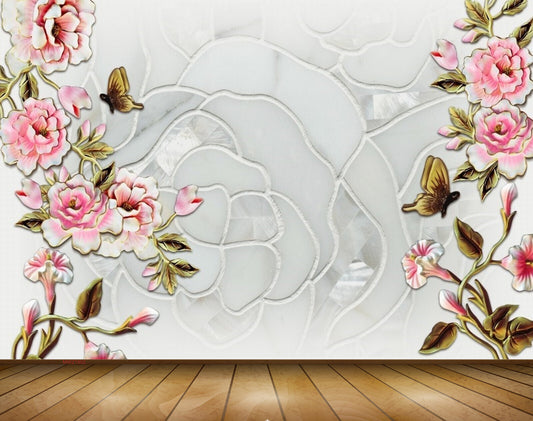 Avikalp MWZ1802 Pink White Flowers Butterflies 3D HD Wallpaper