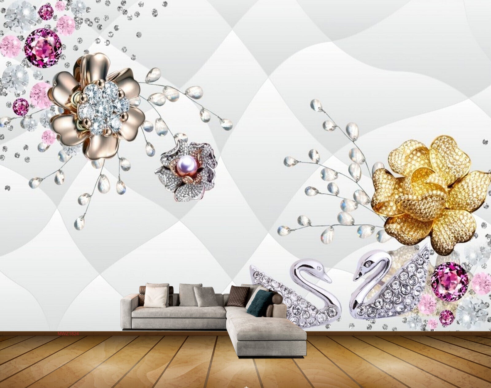 Avikalp MWZ1824 Golden Flowers Cranes 3D HD Wallpaper Avikalp MWZ1824 Golden Flowers Cranes 3D HD Wallpaper