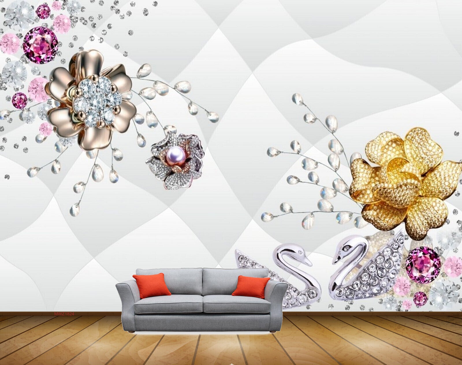 Avikalp MWZ1824 Golden Flowers Cranes 3D HD Wallpaper Avikalp MWZ1824 Golden Flowers Cranes 3D HD Wallpaper