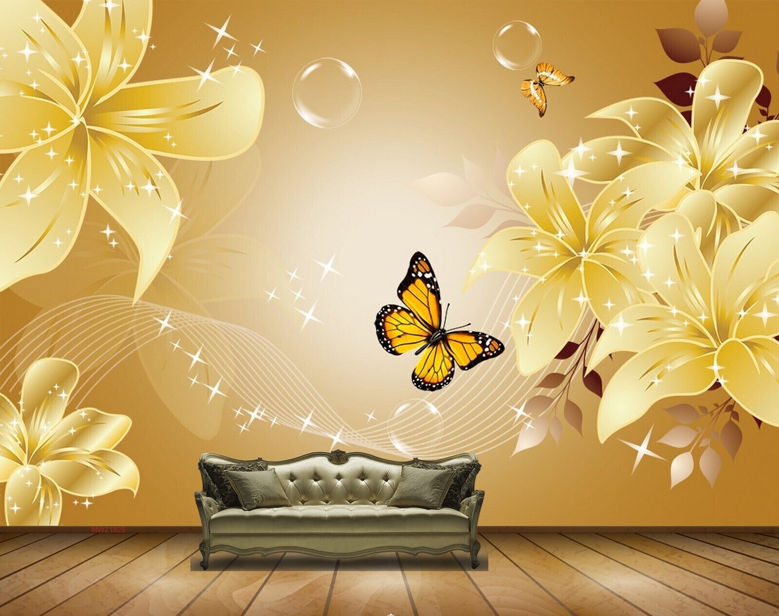 Avikalp MWZ1825 Golden Flowers Butterflies 3D HD Wallpaper Avikalp MWZ1825 Golden Flowers Butterflies 3D HD Wallpaper