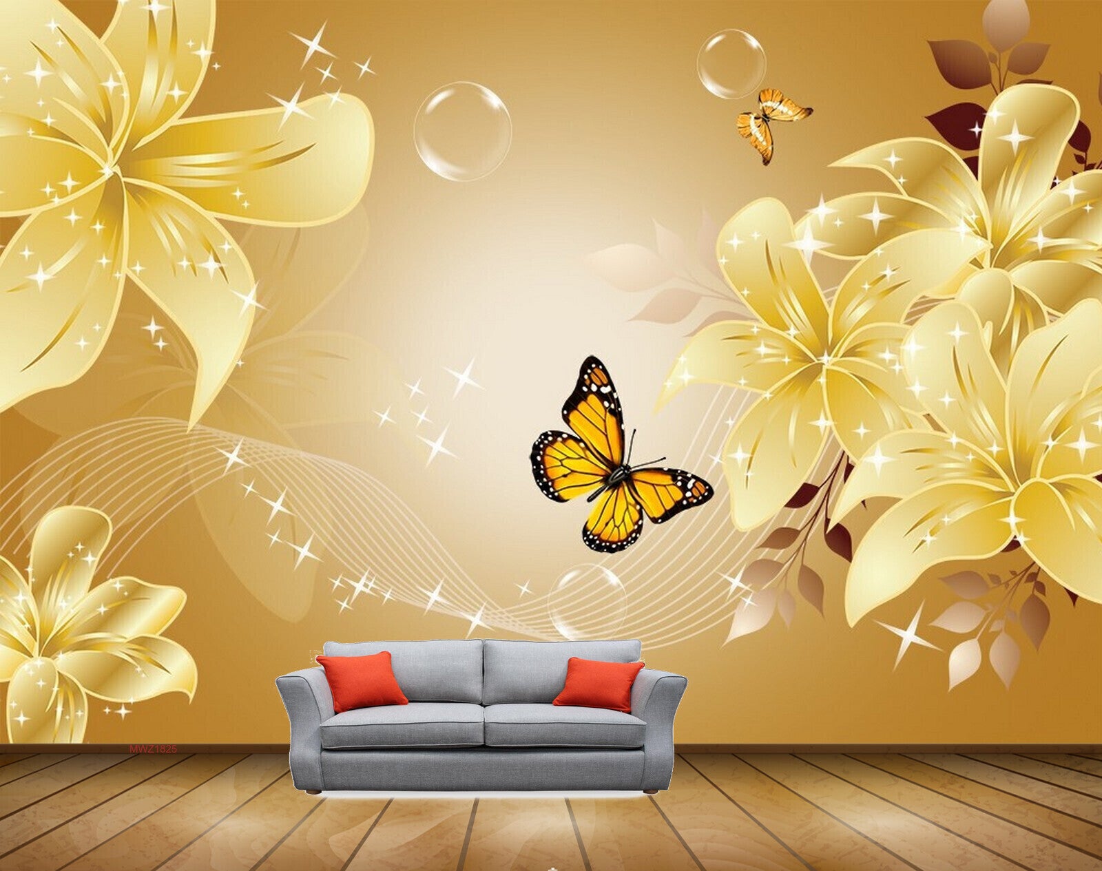 Avikalp MWZ1825 Golden Flowers Butterflies 3D HD Wallpaper Avikalp MWZ1825 Golden Flowers Butterflies 3D HD Wallpaper