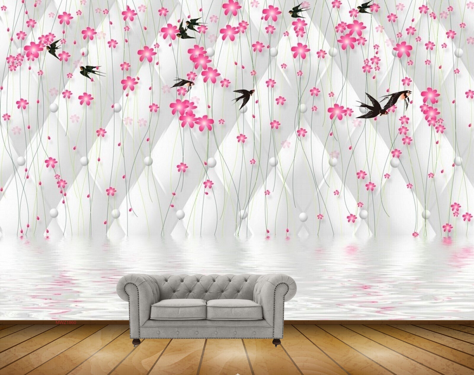 Avikalp MWZ1860 Pink Flowers Birds 3D HD Wallpaper Avikalp MWZ1860 Pink Flowers Birds 3D HD Wallpaper