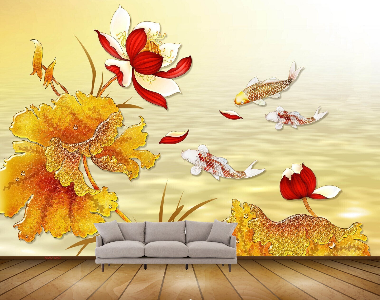 Avikalp MWZ1892 Red White Flowers Leaves Fishes 3D HD Wallpaper Avikalp MWZ1892 Red White Flowers Leaves Fishes 3D HD Wallpaper