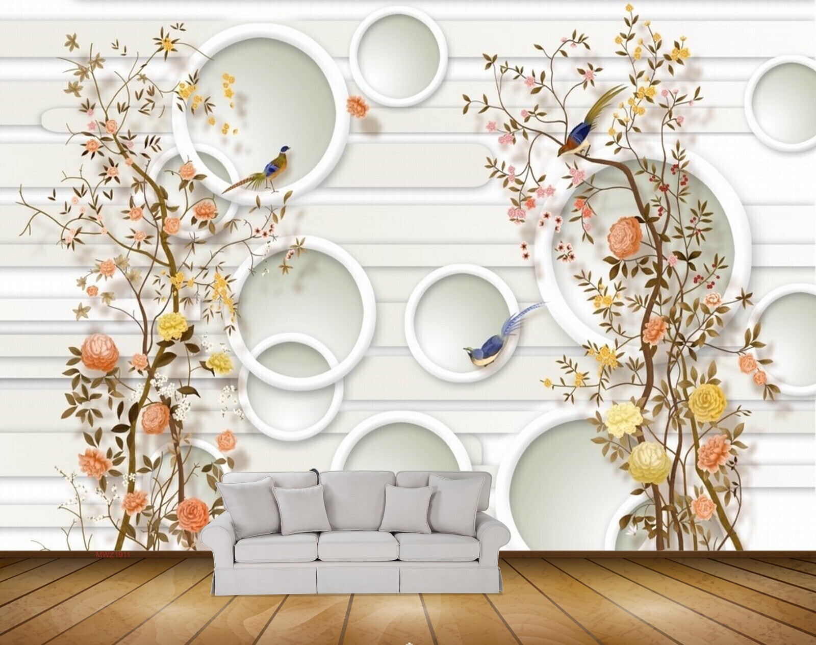 Avikalp MWZ1911 Peach Flowers Birds 3D HD Wallpaper Avikalp MWZ1911 Peach Flowers Birds 3D HD Wallpaper