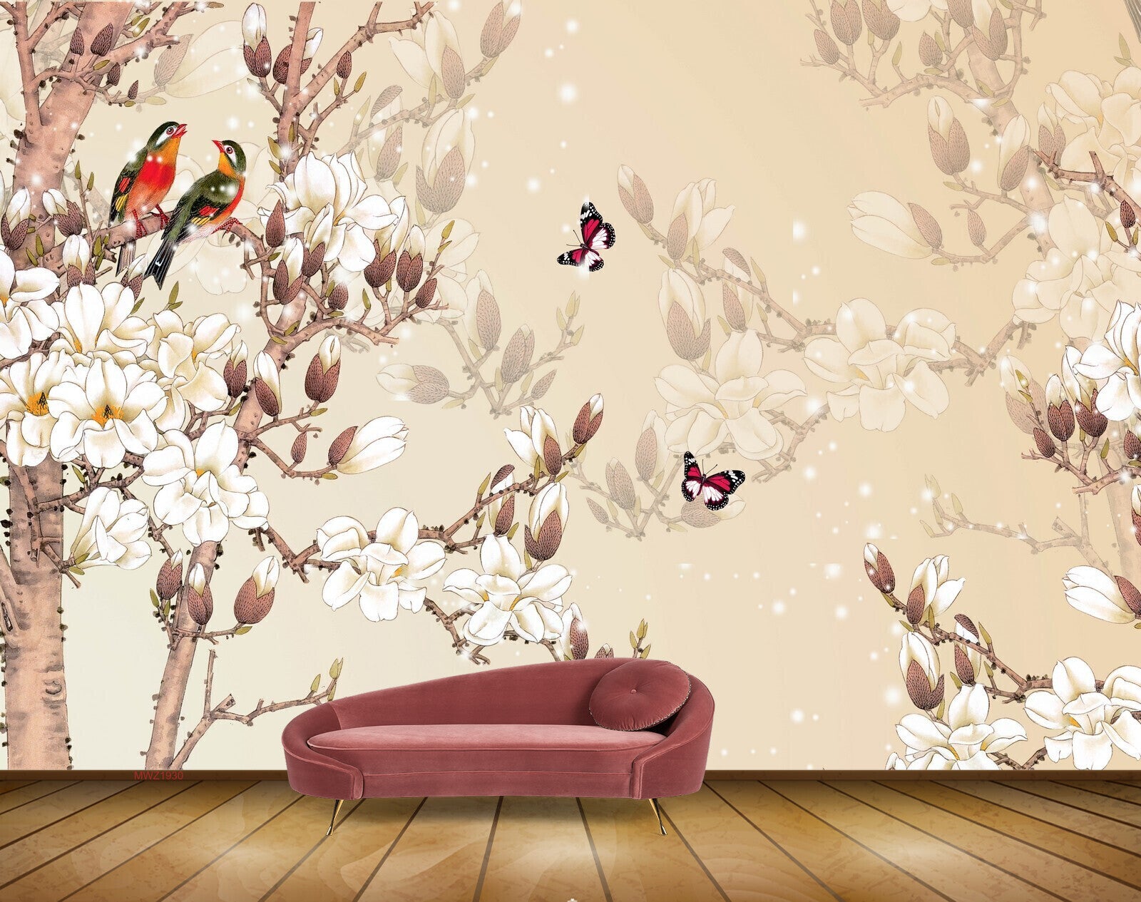Avikalp MWZ1930 Peach White Flowers Butterflies Birds 3D HD Wallpaper Avikalp MWZ1930 Peach White Flowers Butterflies Birds 3D HD Wallpaper