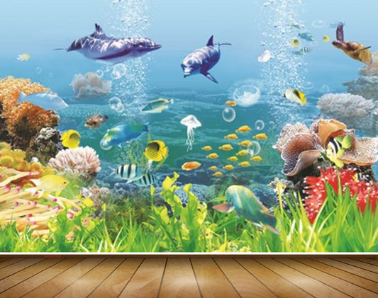 Avikalp MWZ2066 Dolphins Fishes Sea Plants Turtle Marine Water Underwater Ocean Turtles Coral HD Wallpaper
