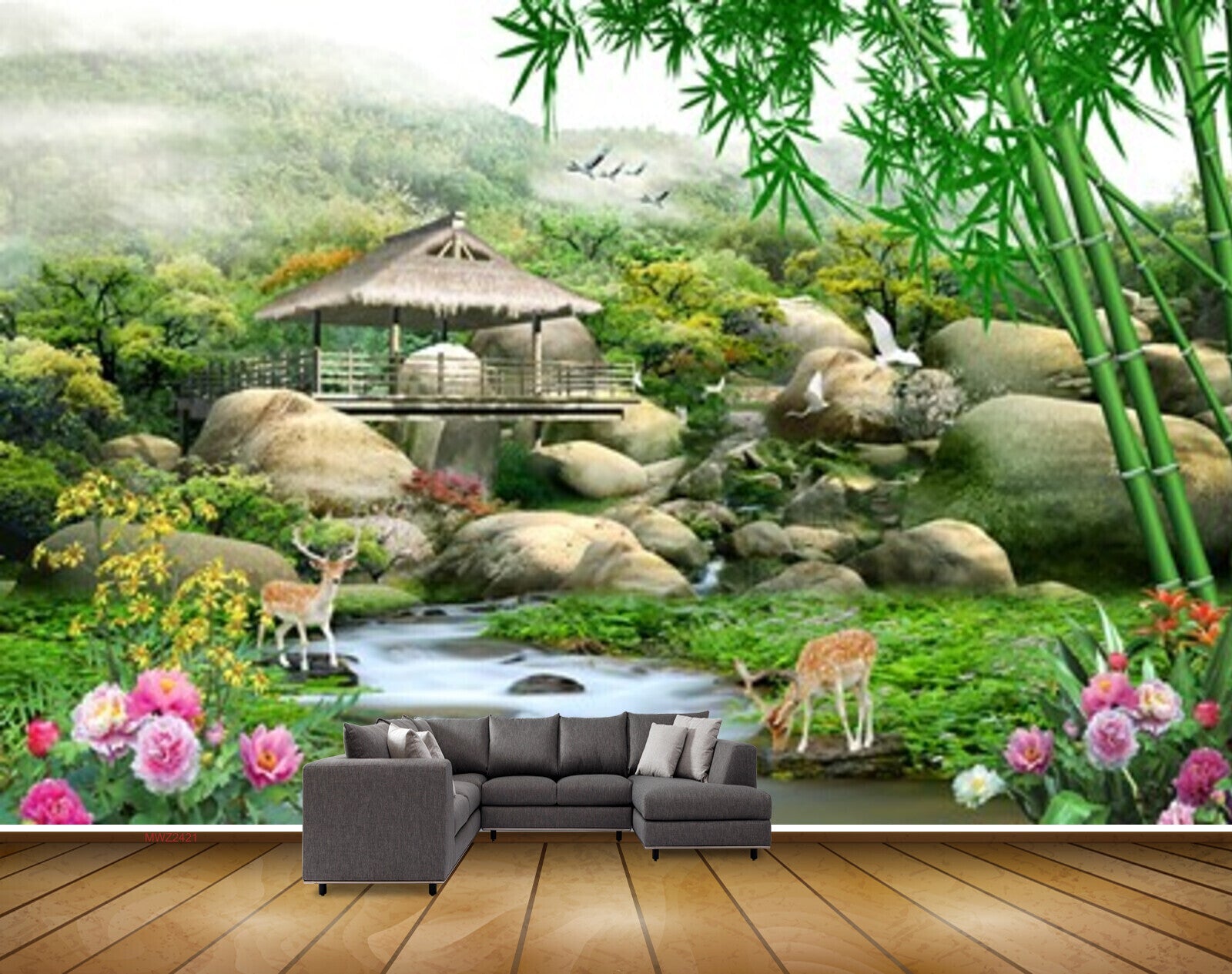 Avikalp MWZ2421 Mountains Stones Pond River Lake Water Deer Flowers Bamboo Trees Hut Cranes Grass HD Wallpaper Avikalp MWZ2421 Mountains Stones Pond River Lake Water Deer Flowers Bamboo Trees Hut Cranes Grass HD Wallpaper