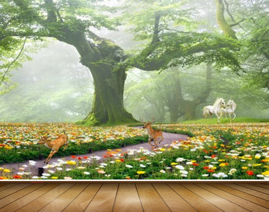 Avikalp MWZ2458 Trees Horses Deers Flowers Grass Branches HD Wallpaper
