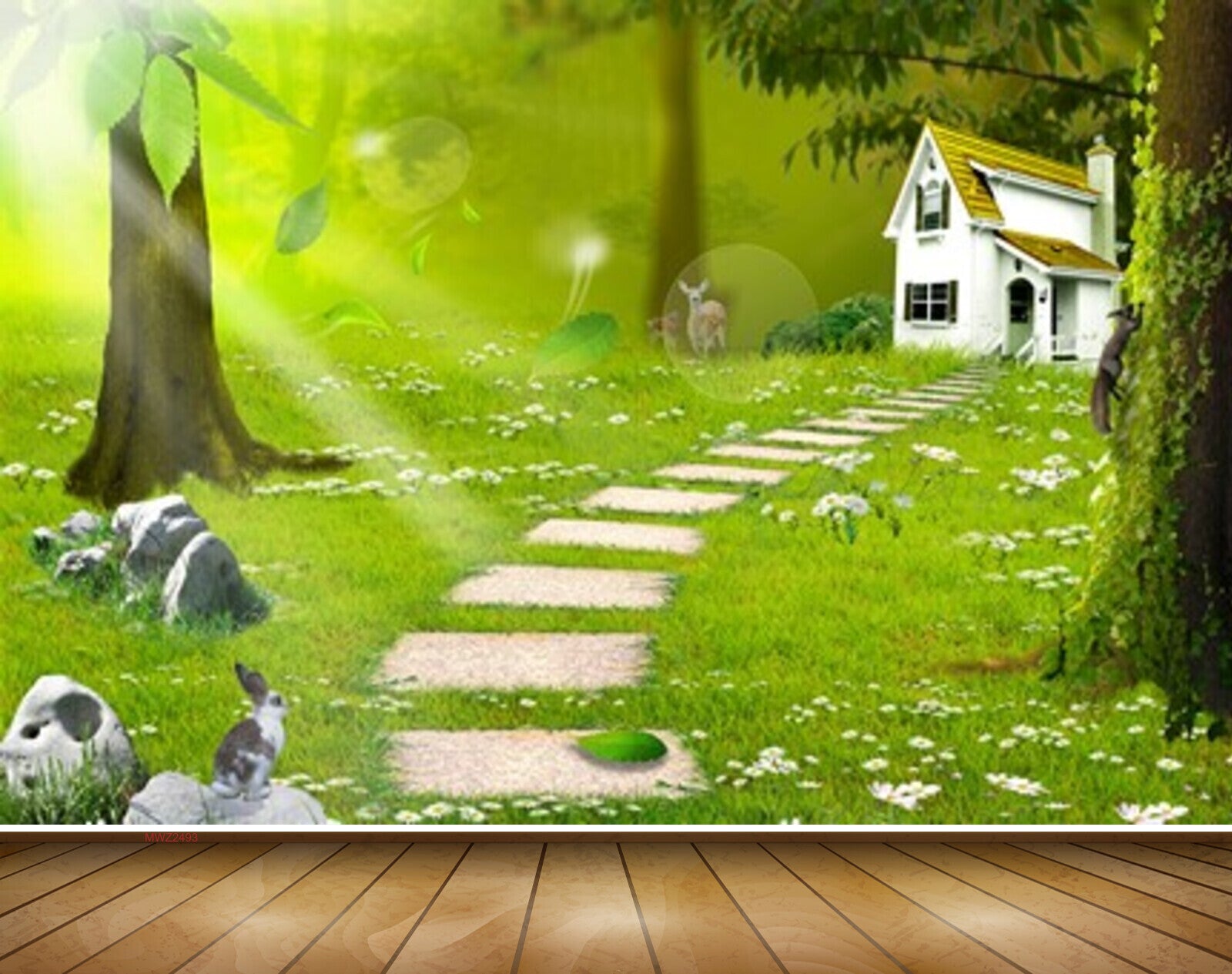 Avikalp MWZ2493 Trees House Grass Stones Rabbit Deer Leaves HD Wallpaper Avikalp MWZ2493 Trees House Grass Stones Rabbit Deer Leaves HD Wallpaper