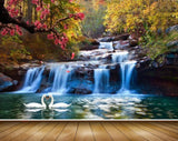 Avikalp MWZ2658 Waterfalls Trees Swans River Pond Water Forest HD Wallpaper