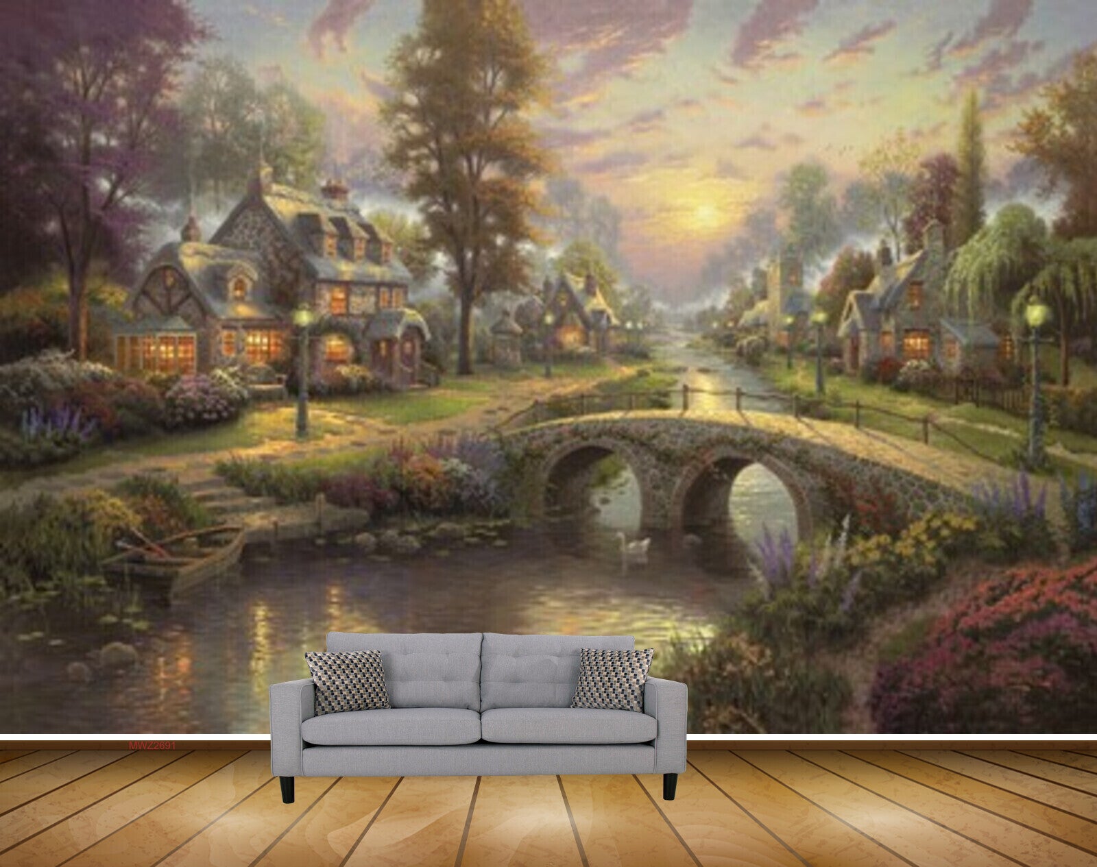 Avikalp MWZ2691 Trees Houses Culvert Plants Flowers Bridge River Water Boat Ducks Lamps Painting HD Wallpaper Avikalp MWZ2691 Trees Houses Culvert Plants Flowers Bridge River Water Boat Ducks Lamps Painting HD Wallpaper