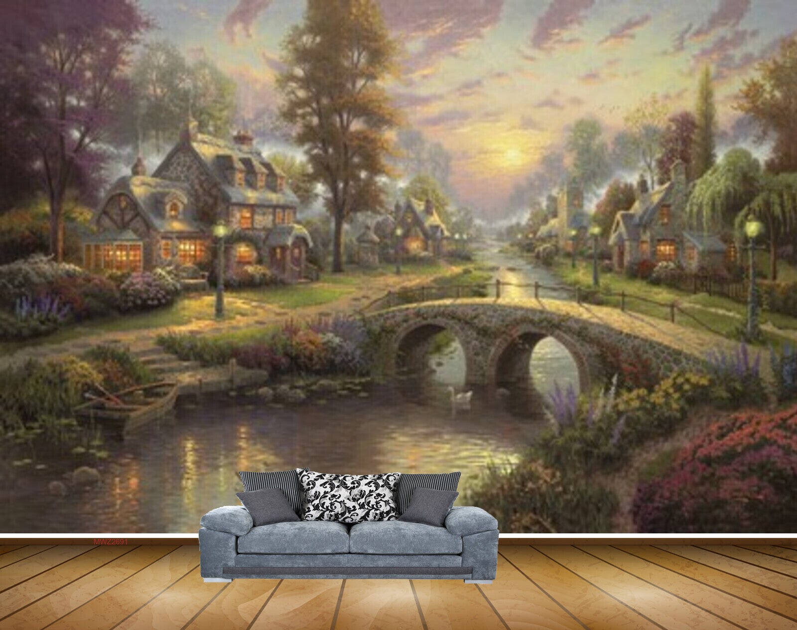 Avikalp MWZ2691 Trees Houses Culvert Plants Flowers Bridge River Water Boat Ducks Lamps Painting HD Wallpaper Avikalp MWZ2691 Trees Houses Culvert Plants Flowers Bridge River Water Boat Ducks Lamps Painting HD Wallpaper