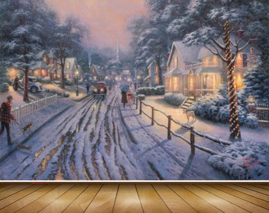 Avikalp MWZ2694 Houses Trees Road People Cars Dogs Plants Snowfalls Girls Umbrella Painting HD Wallpaper