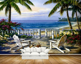 Avikalp MWZ2770 Sea Coconut Trees Chairs Pink Flowers Beach Sand Water Ocean Painting HD Wallpaper