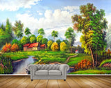 Avikalp MWZ2792 Clouds Trees Houses River Pond Water Grass Stones Garden Painting HD Wallpaper Avikalp MWZ2792 Clouds Trees Houses River Pond Water Grass Stones Garden Painting HD Wallpaper