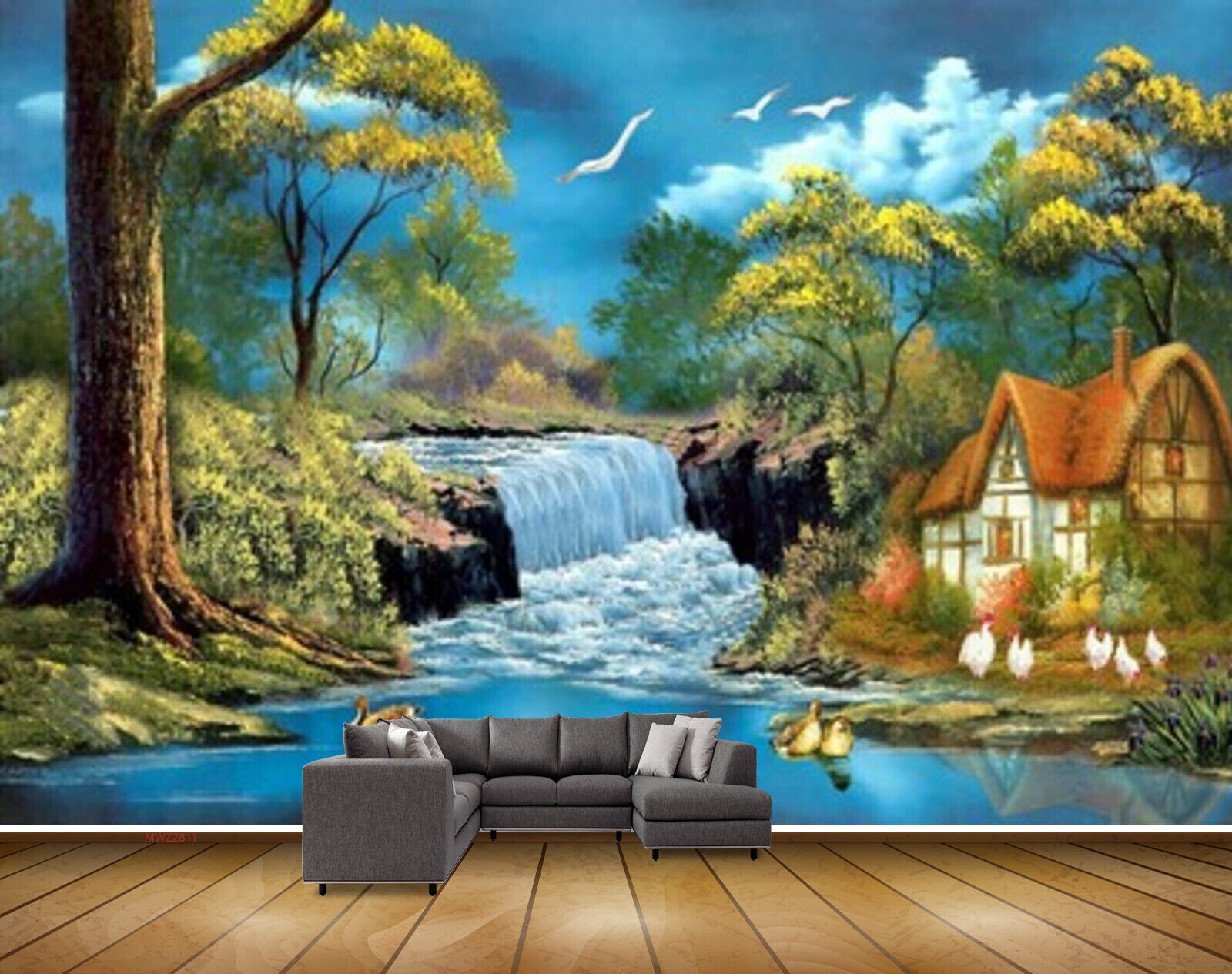Avikalp MWZ2811 Waterfalls Trees Houses Lake River Pond Water Birds Cocks Duck Grass Painting HD Wallpaper Avikalp MWZ2811 Waterfalls Trees Houses Lake River Pond Water Birds Cocks Duck Grass Painting HD Wallpaper
