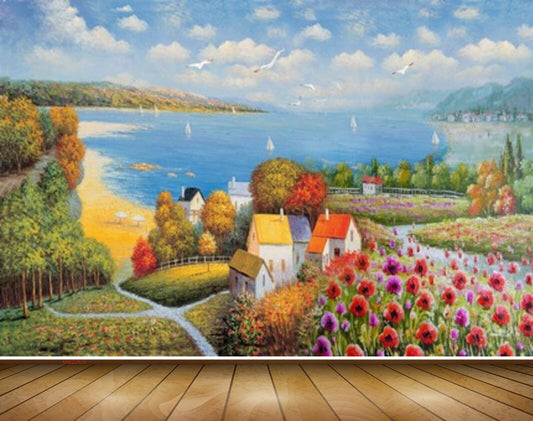 Avikalp MWZ2829 Clouds Mountains Birds Houses Flowers Grass Plants Sea River Lake Water Beach Boats Painting HD Wallpaper