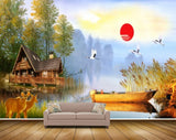 Avikalp MWZ2831 Sun Birds Houses Trees Boat River Lake Water Deers Grass Painting HD Wallpaper Avikalp MWZ2831 Sun Birds Houses Trees Boat River Lake Water Deers Grass Painting HD Wallpaper