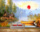 Avikalp MWZ2831 Sun Birds Houses Trees Boat River Lake Water Deers Grass Painting HD Wallpaper Avikalp MWZ2831 Sun Birds Houses Trees Boat River Lake Water Deers Grass Painting HD Wallpaper