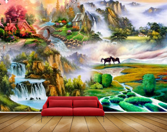 Avikalp MWZ2835 Waterfalls Mountains Trees Grass Stones Horses Clouds Birds Bridge River Pond Water Painting HD Wallpaper
