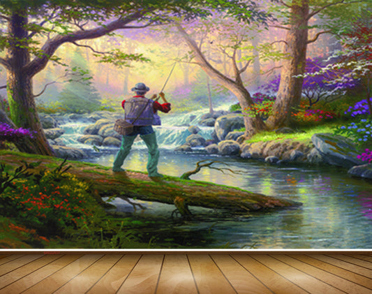 Avikalp MWZ2837 Trees Waterfalls Grass Flowers Lake River Pond Man Fishing Rod Stones Forest Painting HD Wallpaper