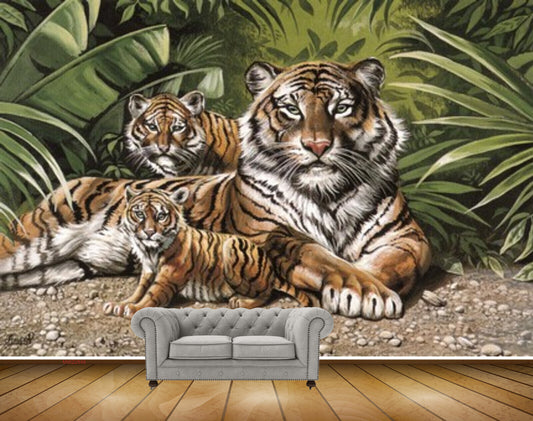 Avikalp MWZ2848 Tigers Animals Family Leaves Stones Plants Painting HD Wallpaper